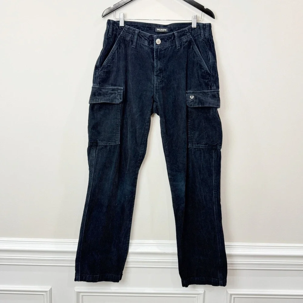 Y2K True Religion Mens 30X31 Vintage Corduroy Pant Black Cargo Horseshoe Skater